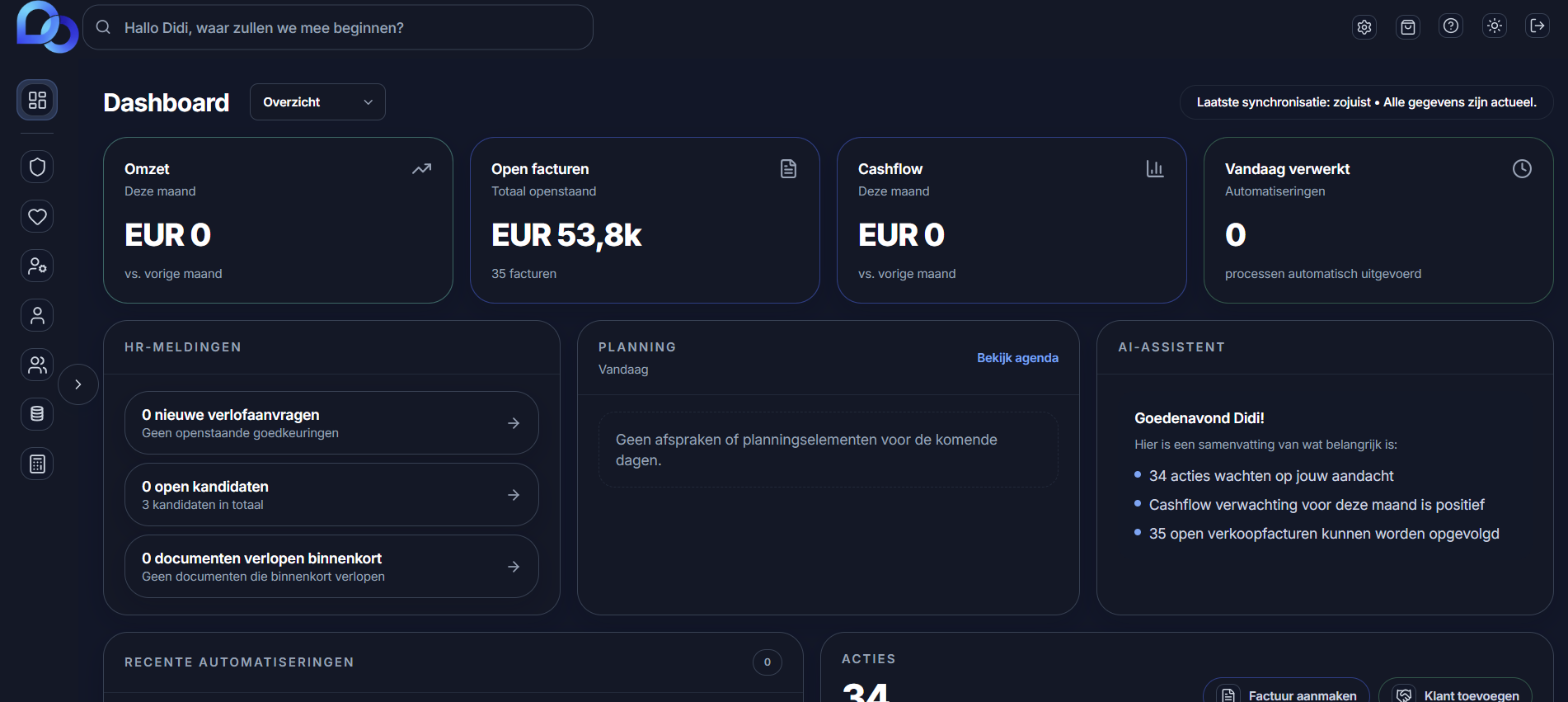 Dashboardoverzicht van D∞NE in donkere modus