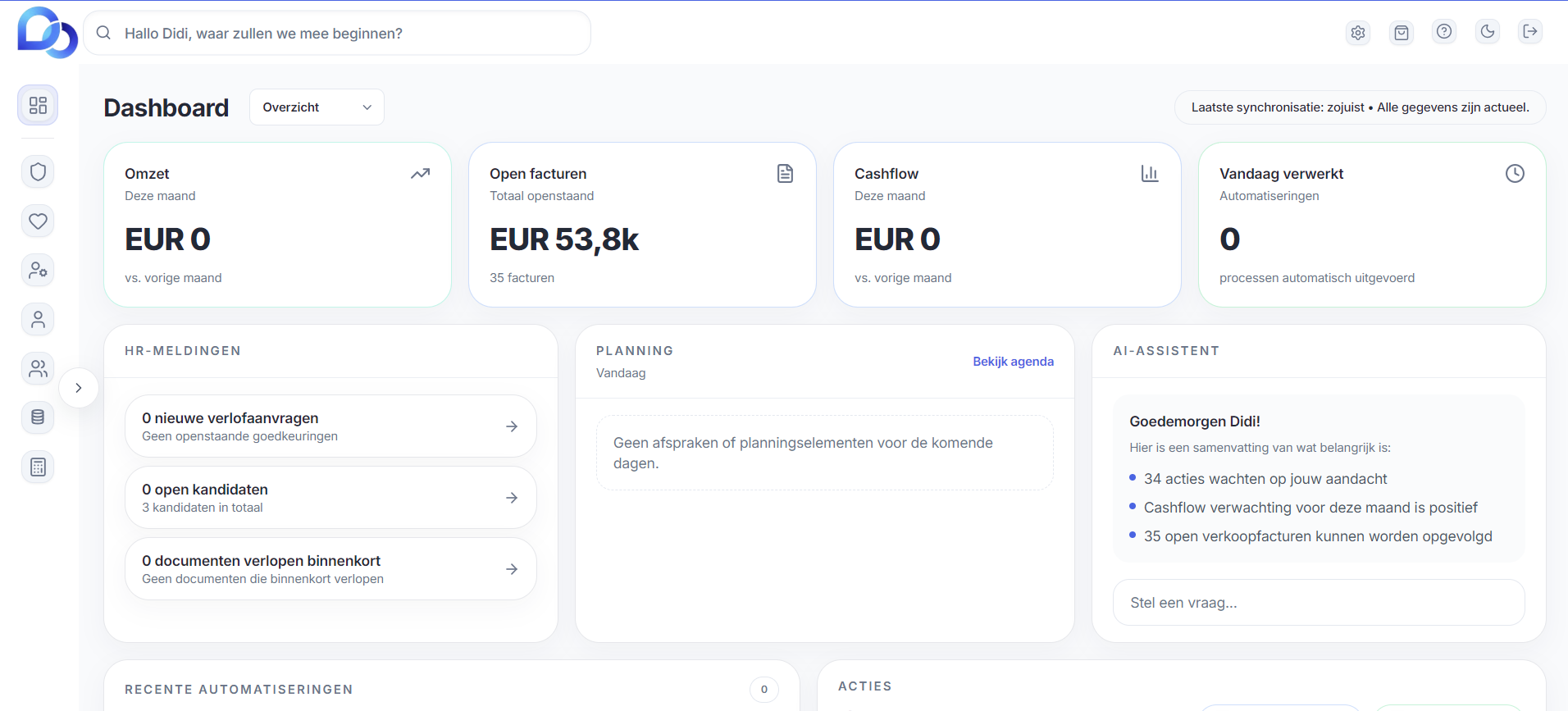 Dashboardoverzicht van D∞NE in lichte modus